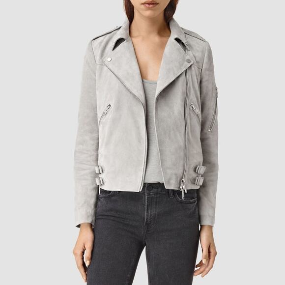 AllSaints Latham Goatskin Leather Suede Biker Jacket in Grey, Size 0